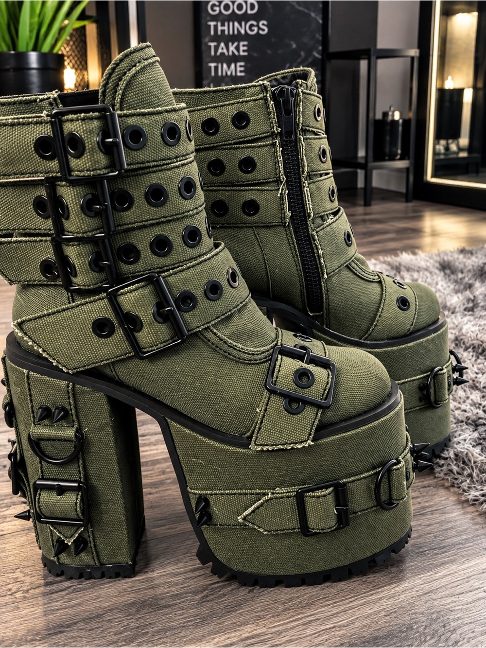 Dolls Kill Olive Canvas Platform Buckle Boots